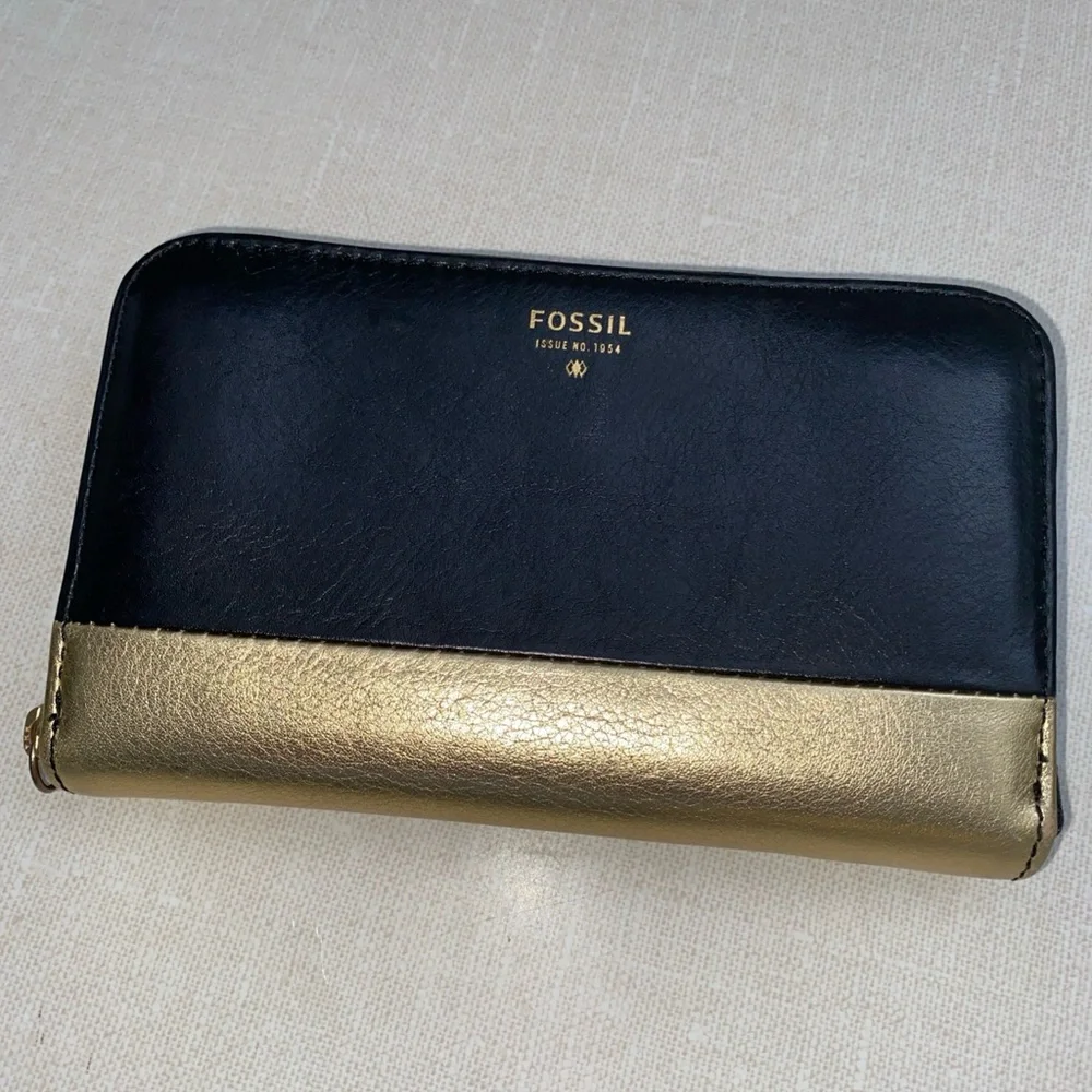 FOSSIL Gold‎ Black Leather Organizer Zip Wallet